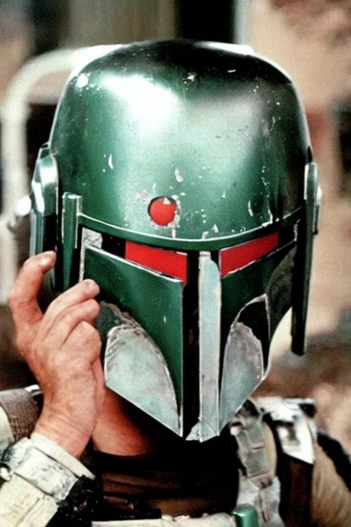 Image similar to boba fett helmet slashed open partially exposed face scowling. screenshot from 1977 Star Wars