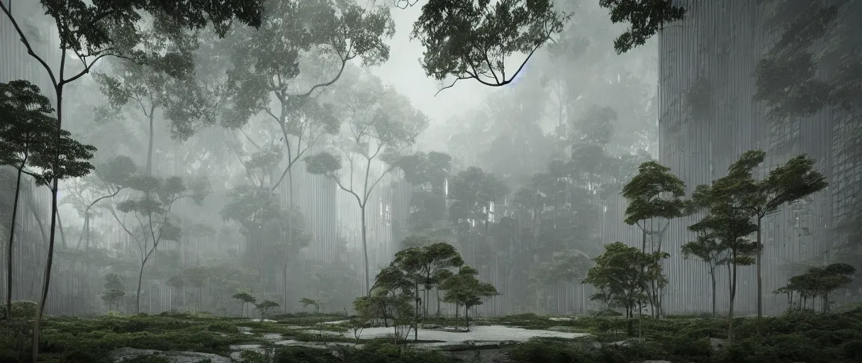 Prompt: brutalist architecture inspired by louis kahn deep in the rainforest. nature is taking over. matte painting by ivan laliashvili. unreal engine 5 render. mist. cinematic.