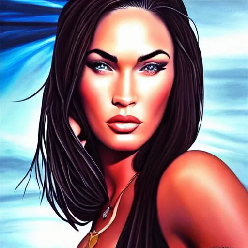 Prompt: “Megan Fox airbrush paintings, ultra detailed portrait, 4k resolution”