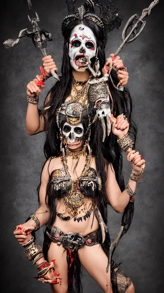 Image similar to hindu goddess of death, holding a skull on one hand and trident on another, posing for playboy photoshoot, studio lighting, cosplay