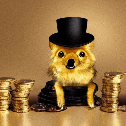 Image similar to A gold pomeranian wearing a top-hat and monocle, sitting on a pile of gold coins