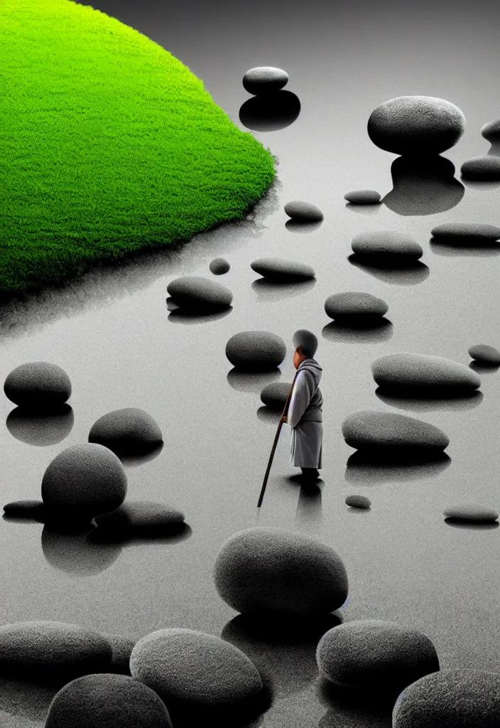 Image similar to portrait of a lone monk raking stones in a beautiful serene zen garden kyoto, japan, a collage painting, in the style of wes anderson, lola dupre, david hockney, isolated on negative white space background dark monochrome fluorescent neon spraypaint accents volumetric octane render