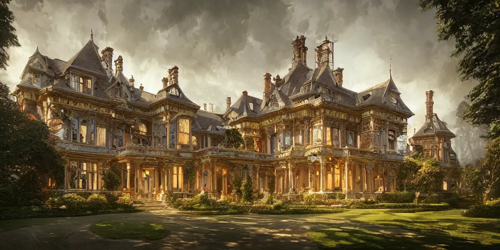 Prompt: a late Victorian mansion surrounded by beautiful gardens, view from ground level, intricate, elegant, highly detailed, ornate, beautifully lit, ray traced, octane render by Peter Mohrbacher and Peter Gric