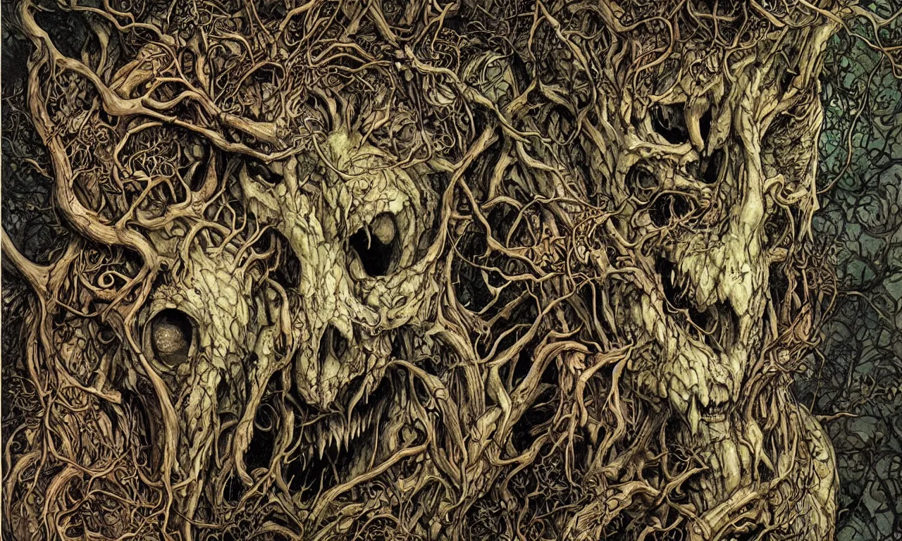 Image similar to hyperdetailed art nouveau portrait of treebeard as a chimera eyeball skull dragon monster, by micheal whelan, simon bisley and bill sienkiewicz, grim yet sparkling atmosphere, photorealism, thorns, claws, teeth, fangs, night in the forest, wild, crazy, scary, horror, lynn varley, lovern kindzierski, steve oliff