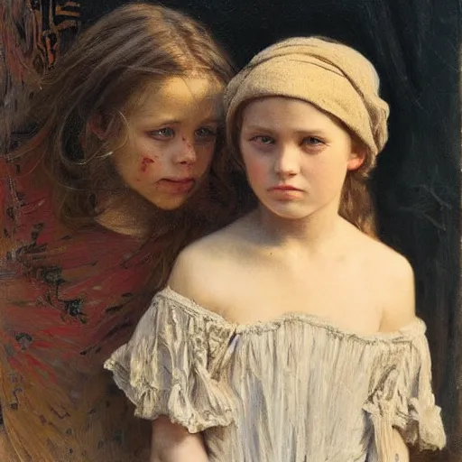 Image similar to portrait of a young girl covered in scars wearing a black hood, the young girl looks angry and seems to look for revenge, extremely detailed painting by gaston bussiere and j. c. leyendecker 8 k