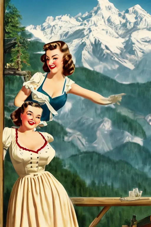 Image similar to 1 9 4 0 s german advertisement poster pinup girl in dirndl, the alps are in the background, unreal engine, global illumination, radiant light, detailed and intricate environment