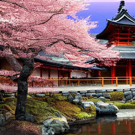 Image similar to landscape japanese house, japanese temple, cherry blossom samurai scene jurgens digital art, golden ratio, art canvas, award winning, masterpiece artstation 8 k 1 5 0 mpx