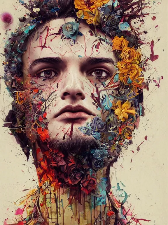 Image similar to art portrait of man with flower in head,by tristan eaton,Stanley Artgermm,Tom Bagshaw,Greg Rutkowski,Carne Griffiths,trending on DeviantArt,face enhance,chillwave,minimalist,cyberpunk,full of colour,