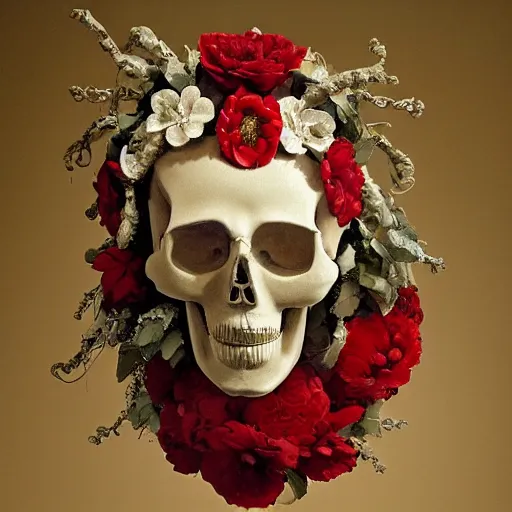 Image similar to a man in the form of a Greek sculpture with a mask in the form of a skull and wreath of flowers skulls in hands dressed in a biomechanical dress, red white and gold color scheme, baroque, by Michelangelo, high detail