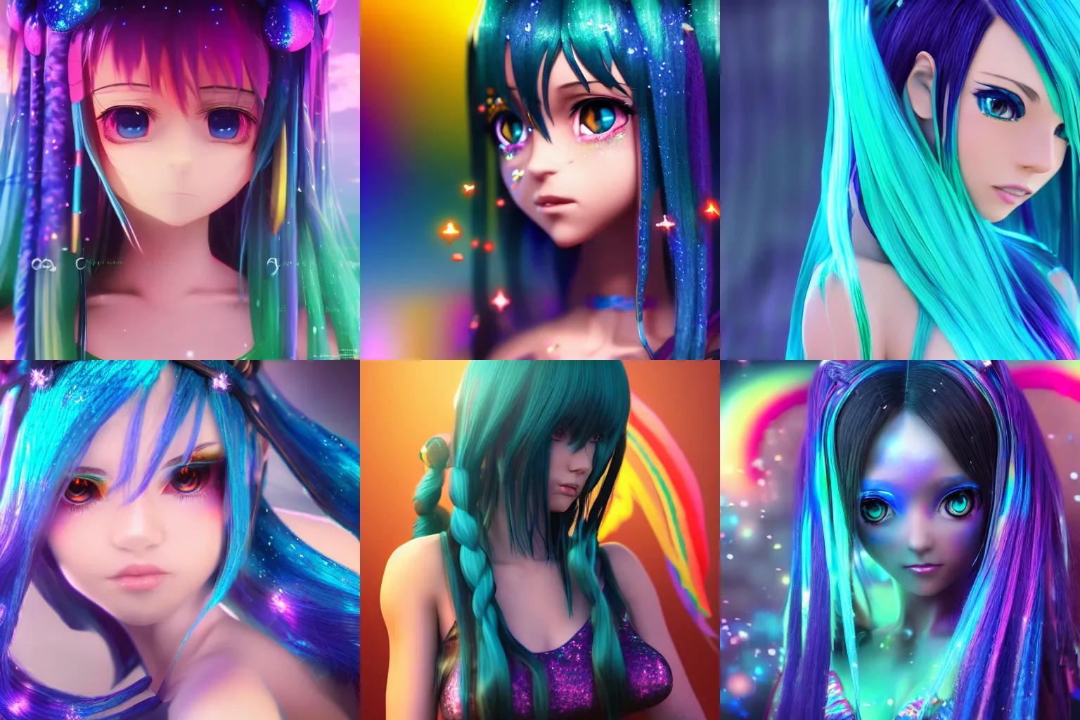 Prompt: hot petite 3d anime girl with dark blue hair with rainbow colored streaks, long braids, teal eyes, fantasy outfit, cinematic lighting, ambient occlusion, soft skin, cinematic shot, highly detailed, glitter, trending on Artstation, Unreal Engine 4K, cinematic wallpaper