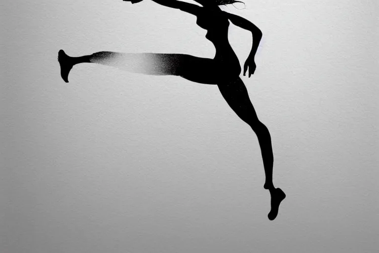 Prompt: beautiful serene running woman, exploration of motion and life, minimalistic golden and ink airbrush painting on white background