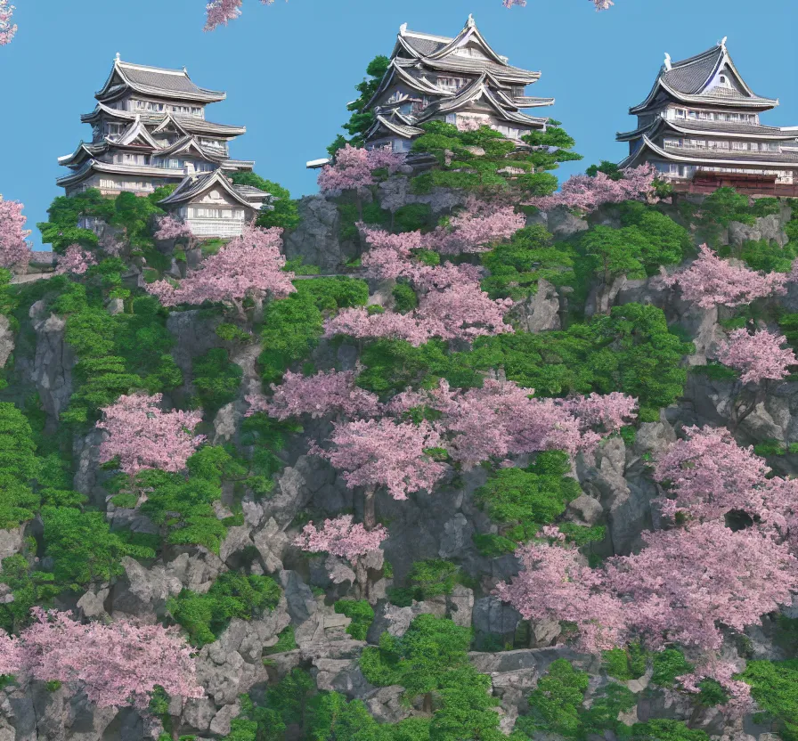 Prompt: realistic japan castle + sakura, pixel art, 3 d, unreal engine 5, wallpaper, 8 k, ultra detailed, realistic photo, artstation