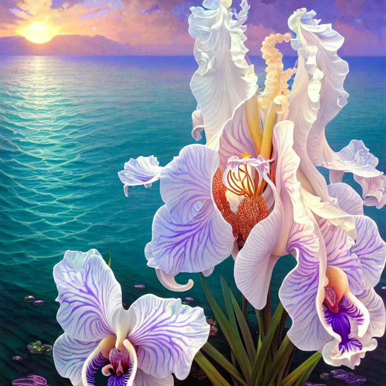 Image similar to detailed giant white holographic orchid iris hybrid flower surrounded by ocean waves, lsd water, lsd ripples, droplets, backlit, sunset, refracted lighting, art by collier, albert aublet, krenz cushart, artem demura, alphonse mucha