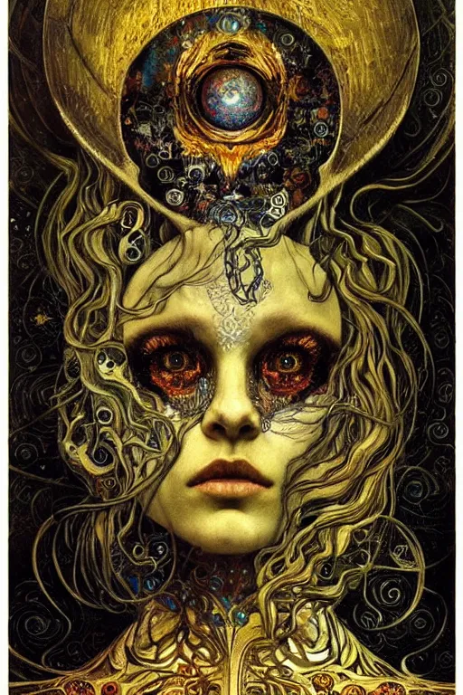 Image similar to Memento Mori by Karol Bak, Jean Deville, Gustav Klimt, and Vincent Van Gogh, beautiful visionary mystical portrait, calavera, otherworldly, fractal structures, ornate gilded medieval icon, third eye, spirals, jeweled calavera by Jean Delville