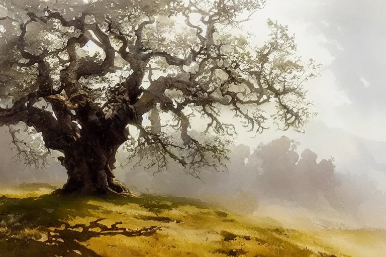 Prompt: watercolor painting of oak tree in foggy spring, cold morning, mythological art by hans gude, romance art by hans dahl, by jesper ejsing, art by anders zorn, wonderful masterpiece by greg rutkowski, cinematic light, american romanticism by greg manchess, creation by tyler edlin