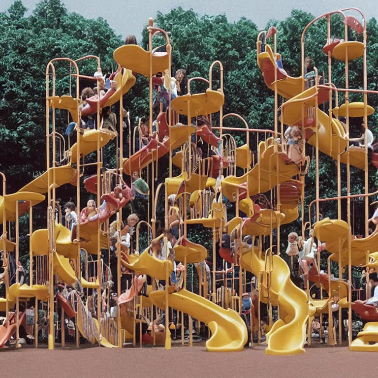 Image similar to full - color closeup 1 9 7 0 s photo of a large complex very - dense very - tall many - level playground in a crowded schoolyard. the playground is made of dark - brown wooden planks, and black rubber tires. it has many wooden spiral staircases, high bridges, ramps, and tall towers.