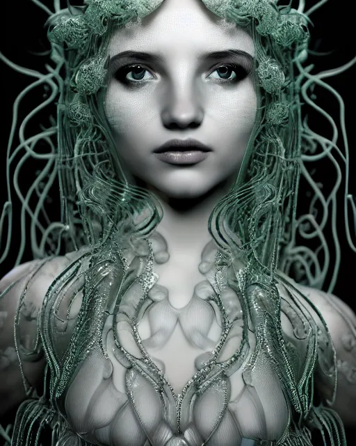 Image similar to surreal mythical dreamy underwater artistic black and white 3 d render of a translucent beautiful young female angelic - medusa - vegetal - doll with her face covered with fish scales, highly detailed, intricate crystal ivy jelly ornate, poetic, translucent algae ornate, digital art, octane render, 8 k artistic photography, photo - realistic, hg giger flora borsi