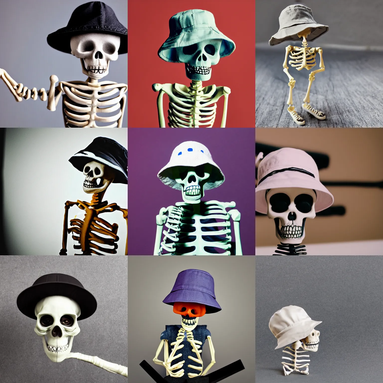 Prompt: Skeleton wearing bucket hat and listening to hip hop in claymation