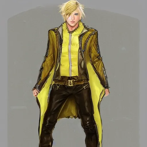 Image similar to elven male, shaggy blonde hair. Wearing modern yellow leather jacket and blue camo pants. Modern, concept art