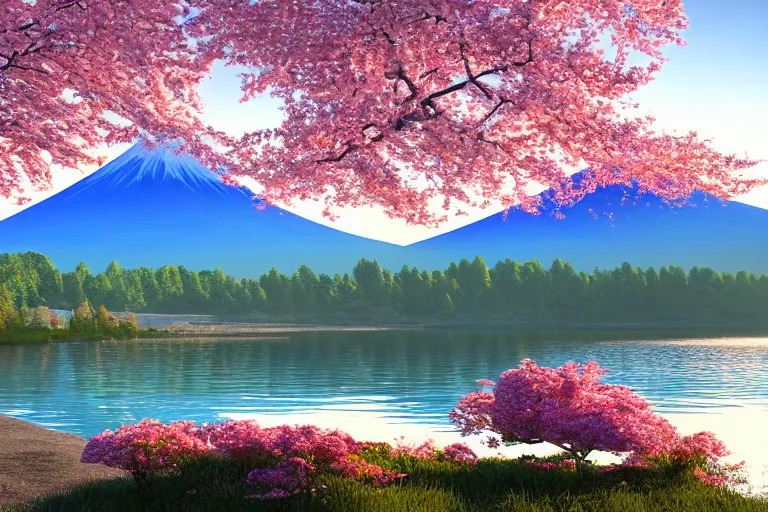 Image similar to mount fuji, view from behind lake, sunny morning, photorealistic landscape, 8 k, octane render, standing under blossoming cherry trees