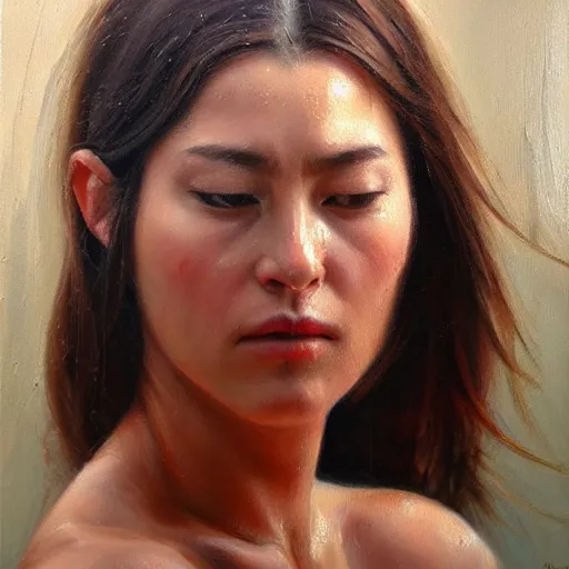 Image similar to perfect, realistic oil painting of close-up Spanish woman face, tears, sadness , by Sakimichan, by an American professional senior artist, Hollywood concept, dynamic composition and motion, postproduction.