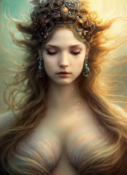 Image similar to beautiful goddess portrait of a seductive twilight princess dreaming in underwater murky light, wind blown hair! dark fantasy esoteric, closeup, d & d, fantasy, intricate, elegant, highly detailed, digital painting, artstation, concept art, matte, sharp focus, illustration, art by artgerm and tom bagshaw and greg rutkowski and alphonse mucha