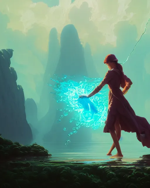 Image similar to highly detailed vfx portrait of a mage casting a water spell, unreal engine, greg rutkowski, loish, rhads, beeple, makoto shinkai and lois van baarle, ilya kuvshinov, rossdraws, tom bagshaw, alphonse mucha, global illumination, detailed and intricate environment