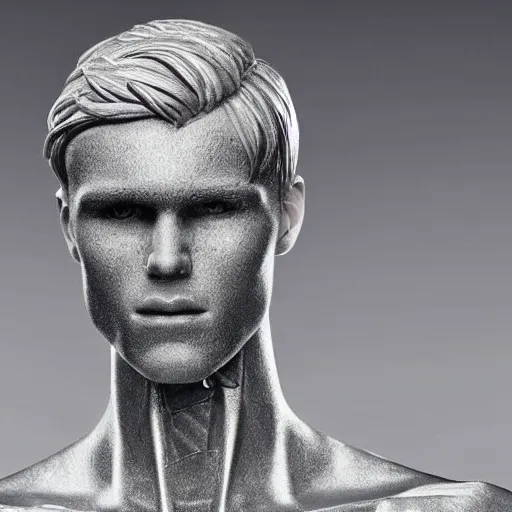 Image similar to a realistic detailed photo of a guy who is an attractive humanoid who is half robot and half humanoid, who is a male android, soccer player martin ødegaard, shiny skin, posing like a statue, blank stare, by the pool, on display, showing off his muscles, humanoid robot, frozen ice statue