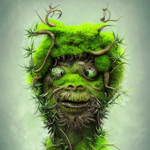 Image similar to A plant monster, highly detailed, digital art, sharp focus, trending on art station, leaves, moss, ferns, thistle, anime art style