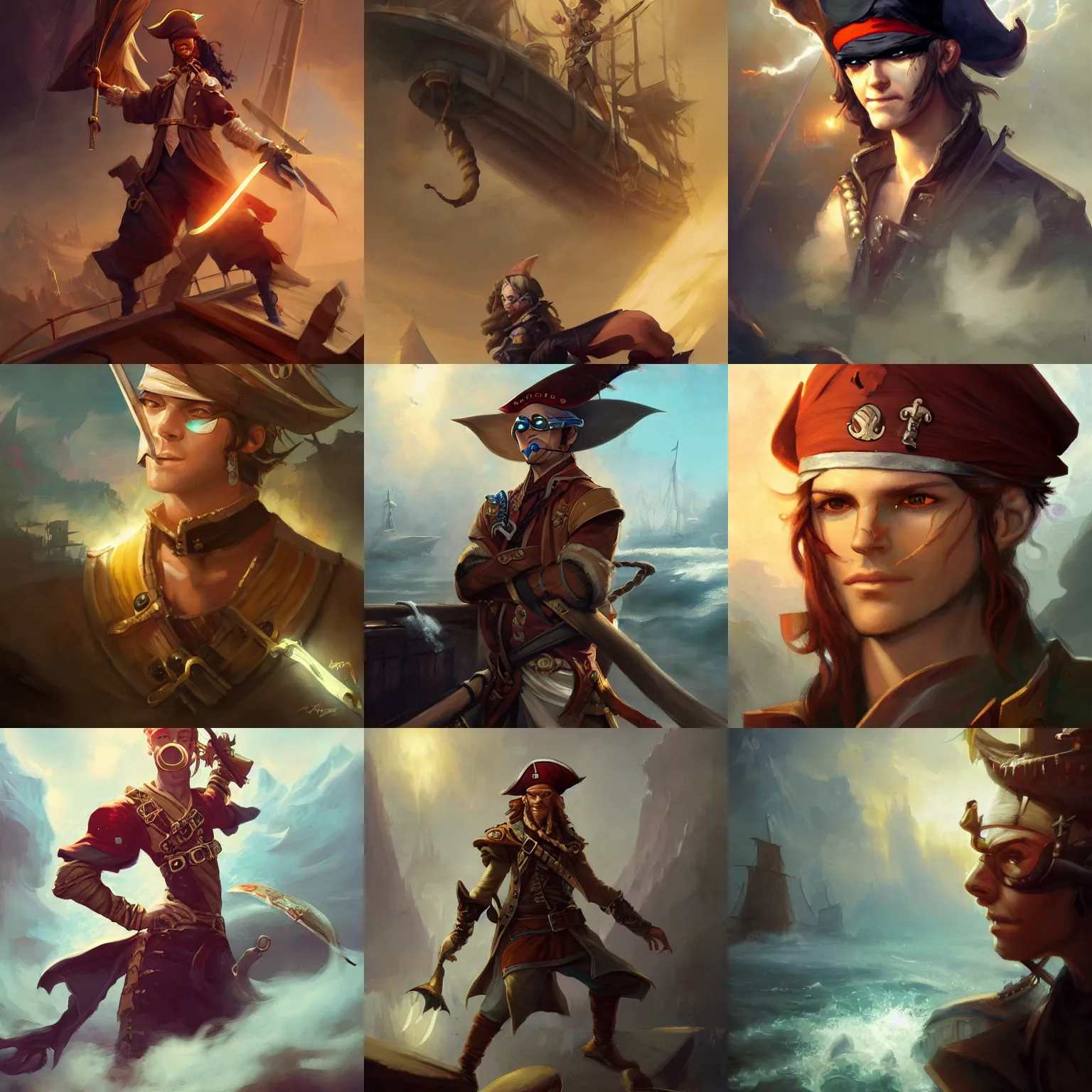 Prompt: A high fantasy young pirate captain with an eyepatch on a ship, by Peter Mohrbacher and Craig Mullins, full shot, official media, beautiful, detailed, high quality, wallpaper 4K, epic, trending on artstation and behance, dynamic lightning