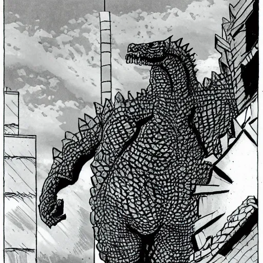 Prompt: godzilla drawn by frank miller