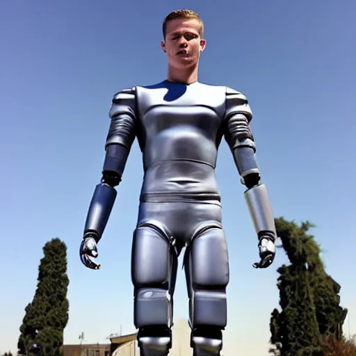 Image similar to “ a realistic detailed photo of a guy who is an attractive humanoid who is half robot and half humanoid, who is a male android, football player christian mccaffrey, shiny skin, posing like a statue, blank stare, on the field, on display ”