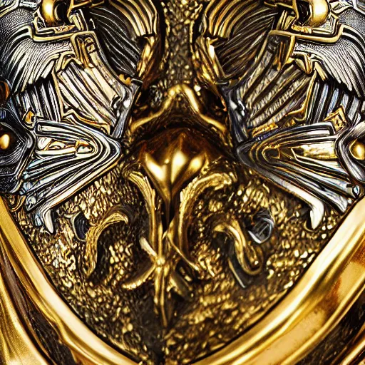 Image similar to fantasy art 4 k macro photo of rooster king in very detailed shiny plate armor engraved in gold ready for battle