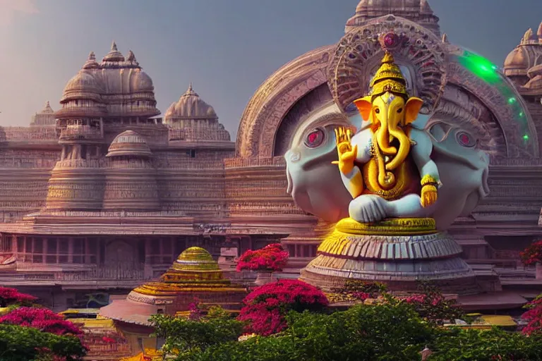 Prompt: beautiful futuristic new delhi, sharp sci - fi ganesha!! building, kalighat flowers, highly detailed cinematic, stephen shore & john j. park, soft morning light, wide shot, high angle, uhd 8 k, sharp focus