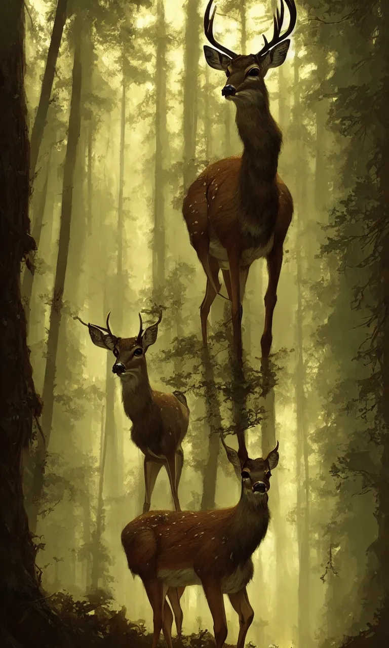 Image similar to Deer in Sherwood Forest, full frame, highly detailed, digital painting, artstation, concept art, smooth, sharp focus, illustration, art greg rutkowski and alphonse mucha