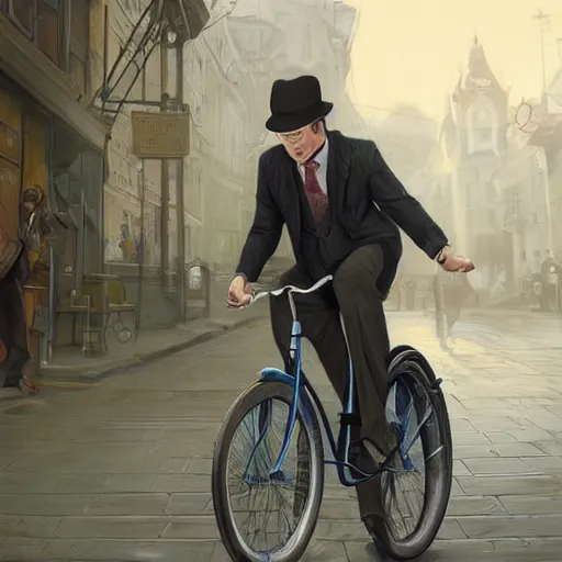 Image similar to epic portrait an man in a fedora and a suit riding a bicycle in a town, digital painting, artstation, concept art, soft light, hdri, smooth, sharp focus, illustration, fantasy, intricate, elegant, highly detailed, D&D, matte painting, in the style of Greg Rutkowski and Alphonse Mucha and artemisia, 8k, highly detailed, jurgens, rutkowski, bouguereau, pastoral, rustic, georgic, detailed concept art, illustration, colorful pastel, painting, detail, ultra detailed, digital art, 4K,