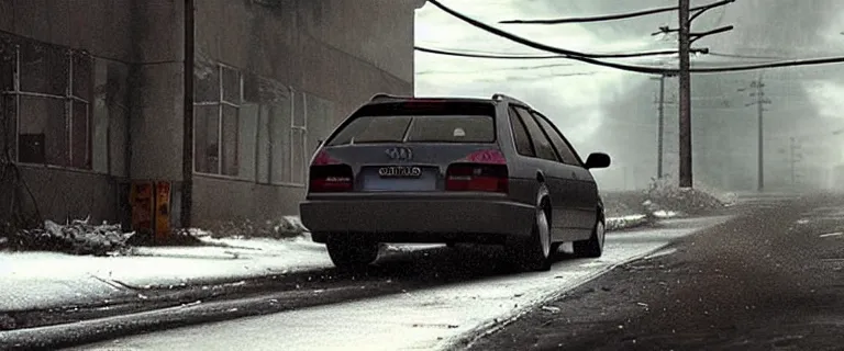 Prompt: Audi A4 B6 Avant (2002), a gritty neo-noir, dramatic lighting, cinematic, eerie person silhouette, death, homicide, homicide in the snow, gunshots, establishing shot, extremely high detail, photorealistic, cinematic lighting, artstation, by simon stalenhag, Max Payne (PC) (2001) winter New York Manhattan at night, In the style of Max Payne 2 graphic novel, ultra grim, flashing lights, Poets of the Fall - Late Goodbye