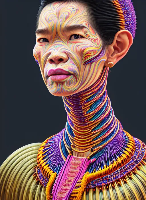 Image similar to portrait of catriona balfe, hyper detailed ultra sharp kayan people ( myanmar ) long - neck woman. trending on artstation, warpaint aesthetic, colorful, psychedelic, ornate, intricate, digital painting, concept art, smooth, sharp focus, illustration, art by artgerm and greg rutkowski and h. r. giger, 8 k