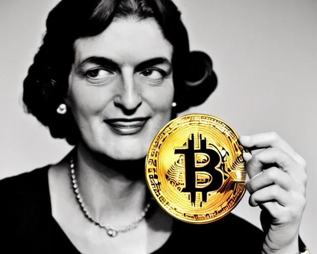 Prompt: ayn rand holding a golden bitcoin, commercial stock photo by annie liebovitz, j. c. leyendecker