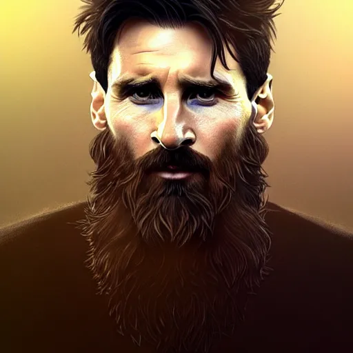 Prompt: Lionel Messi with a majestic beard, closeup, D&D, fantasy, intricate, elegant, highly detailed, digital painting, artstation, concept art, matte, sharp focus, illustration, art by Artgerm and Greg Rutkowski and Alphonse Mucha