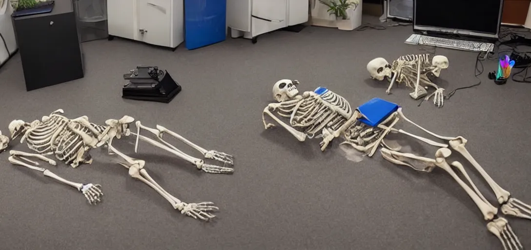 Image similar to the skeleton lies on the ground in front of the computer, office, magenta and blue