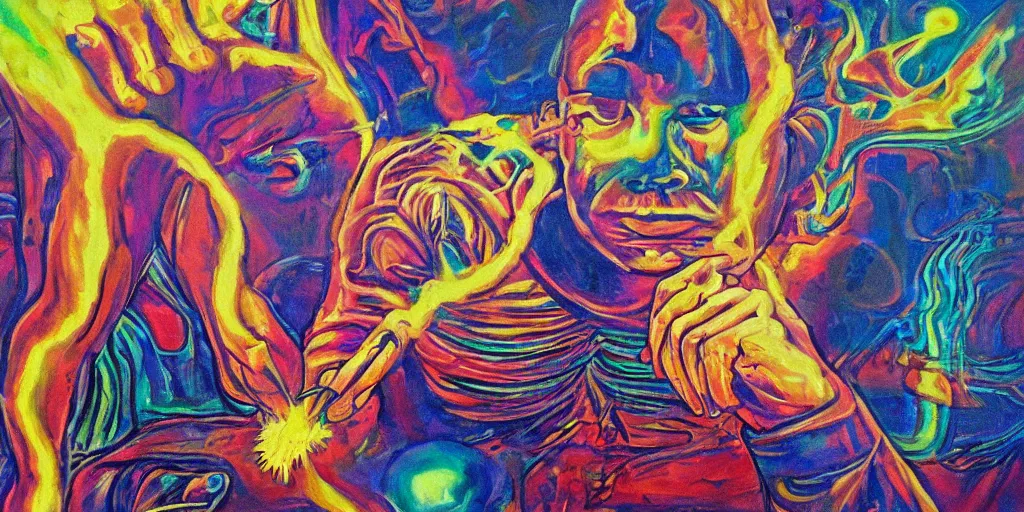 Image similar to a psychedelic surreal painting of a man removing a nail made of energy from his third eye