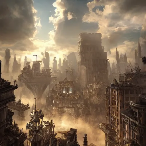 Image similar to a steampunk city in the clouds, This 4K HD image is Trending on Artstation, featured on Behance, well-rendered, extra crisp, features intricate detail and the style of Unreal Engine.