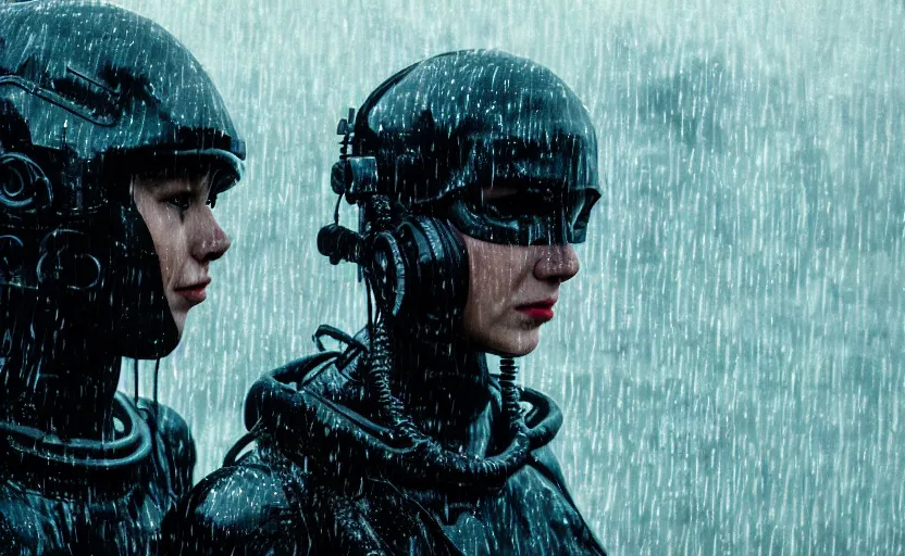 Image similar to cinestill 5 0 d candid photographic portrait by christopher nolan of two loving female androids wearing rugged black mesh techwear in treacherous waters, extreme closeup, modern cyberpunk moody emotional cinematic, pouring rain menacing military helicopter lights, 8 k, hd, high resolution, 3 5 mm, f / 3 2, ultra realistic faces, ex machina