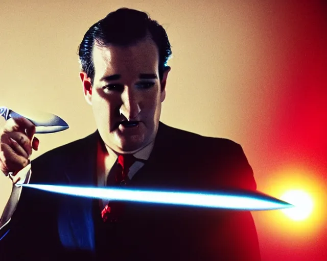 Image similar to bloody ted cruz holding knife with searchlight overhead, shot on technicolour film, action shot