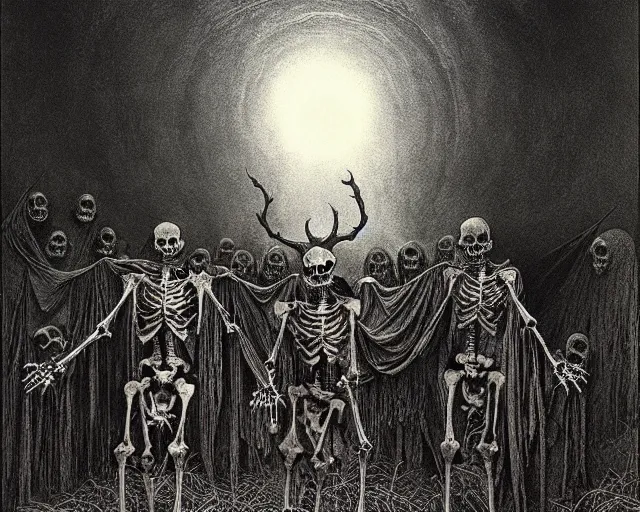 Image similar to satanic skeleton gang emerge from the cemetery on a dark night by zdzisław beksinski and gustave dore and alphonse mucha