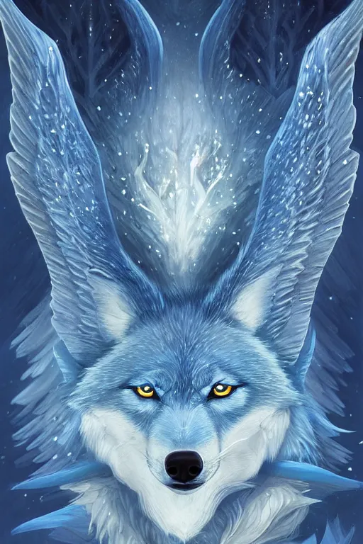 Image similar to blue wolf with wings, facing front, regal, elegant, winter, snow, beautiful, stunning, hd, illustration, epic, d & d, fantasy, intricate, elegant, highly detailed, digital painting, artstation, concept art, smooth, sharp focus, illustration, wallpaper, art by artgerm and greg rutkowski and alphonse mucha and jin xiaodi