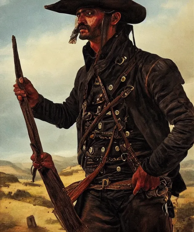 Image similar to ultra realistic color portrait painting of a spanish bandolero 1 9 th century pirate with a trabuco, dark, painted, brooding, atmospheric, landscape, smooth, epic, highly detailed, cinematic