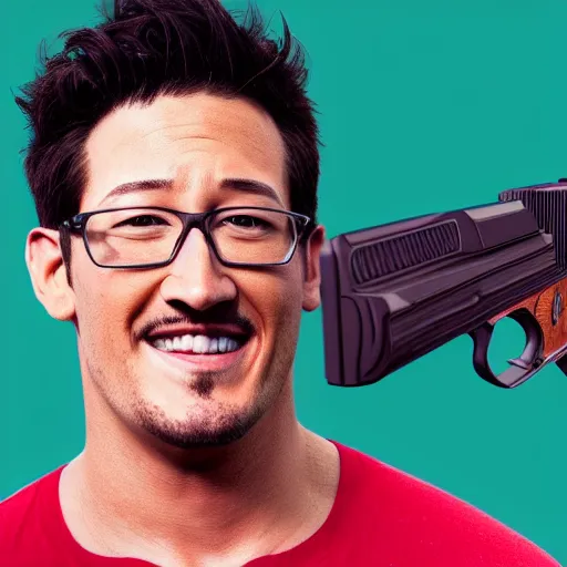 Image similar to markiplier with a desert eagle, 8 k, detailed, octane render, markiplier, pistol, youtube, thumbnail