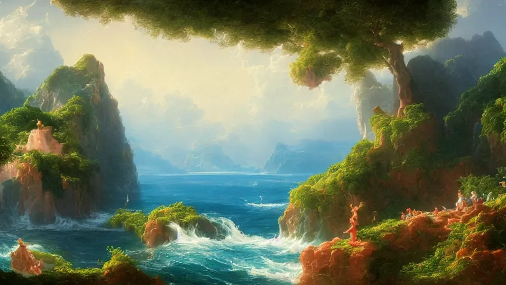 Image similar to very detailed and perfectly readable fine and soft relevant out of lines soft edges painting by beautiful walt disney animation films of the late 1 9 9 0 s and thomas cole in hd, we see an ocean world, nice lighting, perfect readability